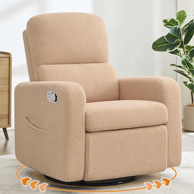 AEMEIOS Swivel Rocker Recliner, Oversized Manual Boucle Nursery Glider Rocking Recliner Chair with Removable Cushion, Upholstered Swivel Reclining Chair for Nursery Living Room Bedroom,Teddy Camel