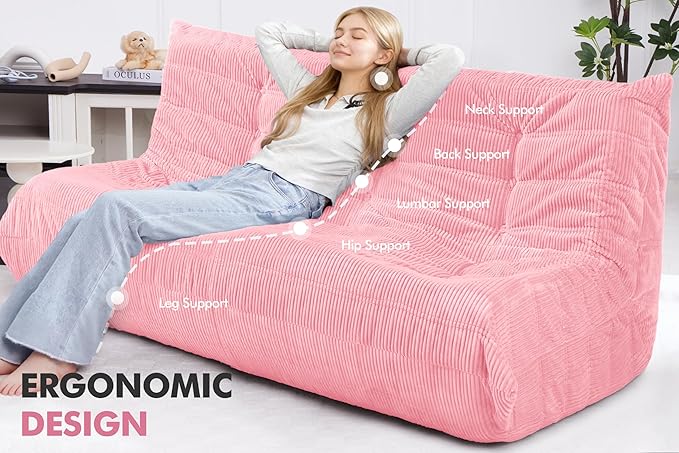 Bean Bag Chair,Giant Beanbag Chairs for Adults,Comfy Large Fireside Chair Lazy Sofa,Corduroy Bean Bag Lounger with Memory Foam Filled,Floor Sofa Couch for Home,Living Room (Pink, 3-Seater)