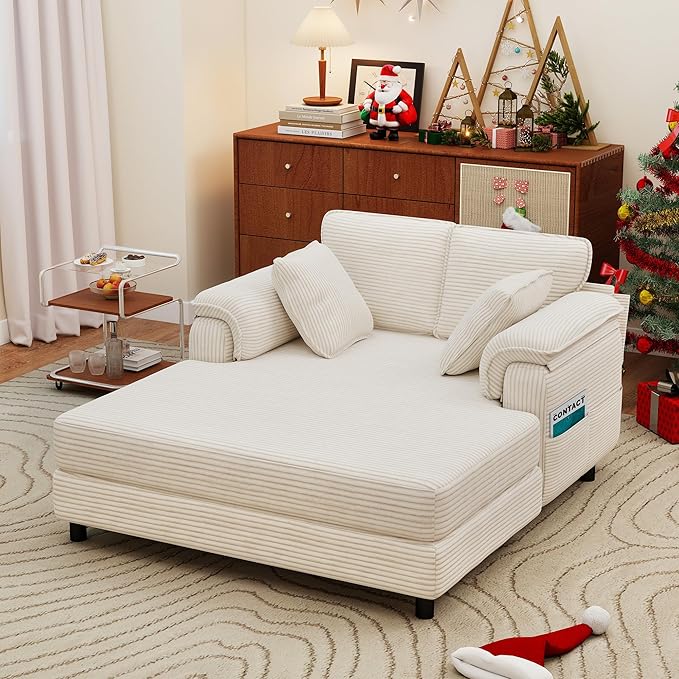 Winlice 58'' Chaise Lounge Chair Indoor, Oversized Corduroy Wooden and Iron Frame Sofa Bed, Comfy Upholstered Lounge Sleeper Couch with 4 Storage Pockets for Living Room, Sunroom, Study, Beige