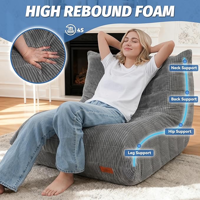 Bean Bag Chair,Giant Beanbag Chairs for Adults,Comfy Large Fireside Chair Lazy Sofa,Corduroy Bean Bag Lounger with Memory Foam Filled,Floor Sofa Couch for Home,Dorm,Living Room (Light Gray)