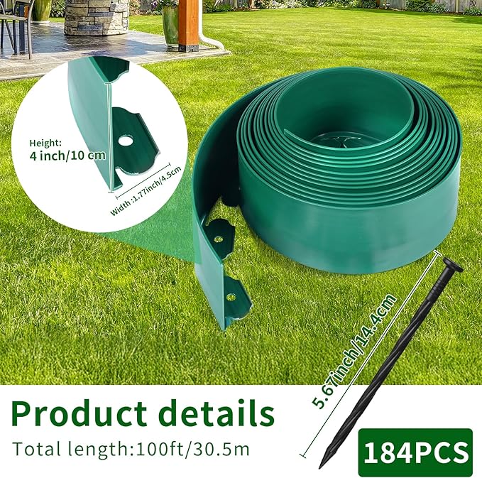 AggFencer 4 in x 100 Ft Garden Landscape Edging, No Dig Garden Edging Border Kit with 184 Pcs Spikes for Flower Bed Lawn Yard Grass Green