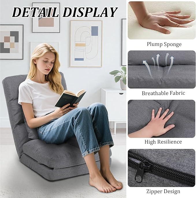 Chaise Lounge Indoor, 14-Position Floor Chair with Padded Pillow for Adults Kids, Folding Lazy Sofa Chair for Living Room, Bedroom, for Gaming Reading (Grey)