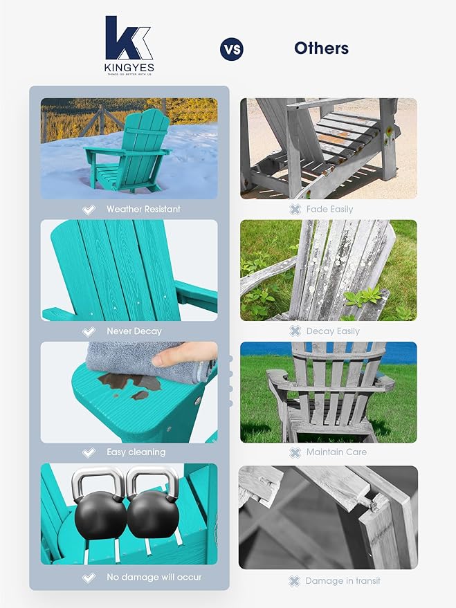 KINGYES Folding Adirondack Chair Set of 6, HDPE All-Weather Folding Adirondack Chair, Aruba