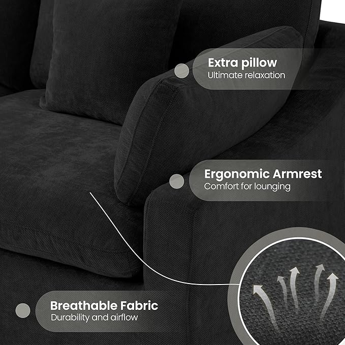 Modular Cloud Sofa, 192" Cloud Sectional Couches with Deep Seat,Down Filled Linen U-Shape 8-Seater Couch with Ottoman for Living Room, Washable Cover, Wide Armrest in Black