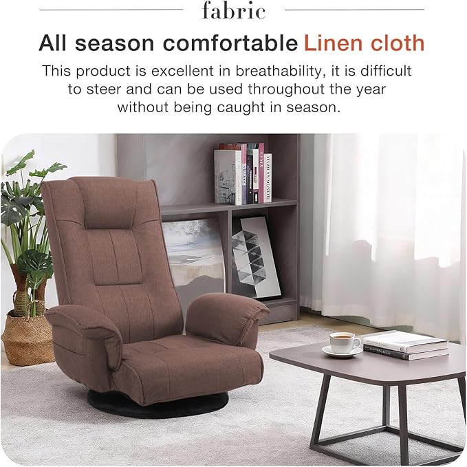 Ergonomic Swivel Floor Gaming Chair with Armrests & Side Pockets, 6-Position Reclining Sofa Bed, Foldable Padded Lounger with Thick Cushion & Lumbar Support for Esports, Reading, TV Watching (Brown)