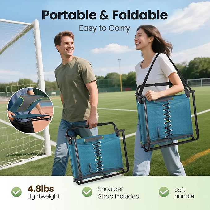 HIGH POINT SPORTS Folding Stadium Seat Bleacher Chair with Mesh Bag and Hide Hooks, Portable Stadium Chair with Back, Outdoor Comfort Chair, Blue Green