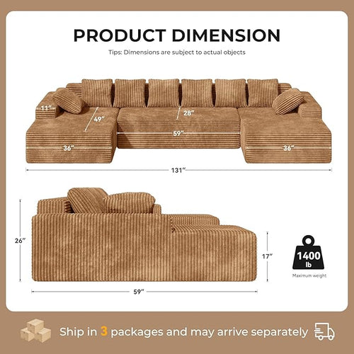 131'' U Shaped Sectional Cloud Couches with Chaise Lounge, No Assembly Required Deep Seat Modular Boneless Sofa for Living Room 3PCS, Bedroom(Camel)