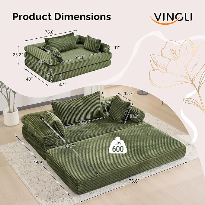 VINGLI Convertible Futon Sofa Bed, Upholstered Corduroy Boneless Couch King Size Floor Loveseat Sleeper Sofa with 2-in-1 Throw Pillow, Couches for Living Room, Bedroom, Lounge, Green