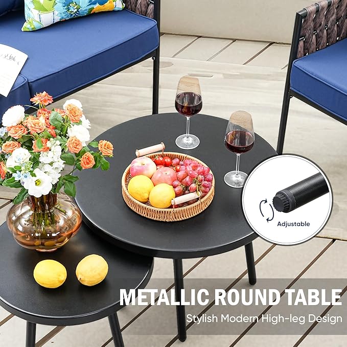 SunloungeCo Patio Furniture Set, 5-Piece Wider Outdoor Metal Seating Sofa with High Back & Lovsest, Coffee Ta ble, All Weather Rattan Conversation for Garden,Backyard, Poolside-Navy