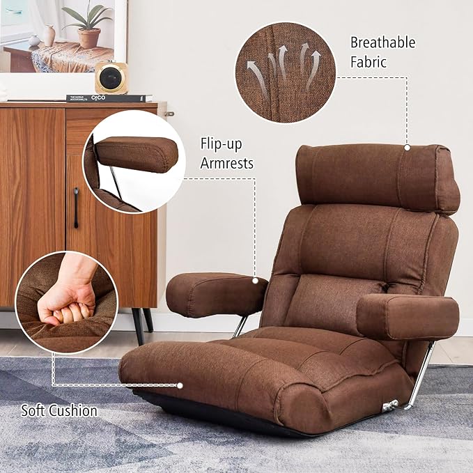Giantex Adjustable Folding Sofa Chair - Lazy Floor Chair with Infinitely Adjustable Backrest, Extendable Armrest & Seat, Couch Recliner for Meditation, Reading, Gaming Floor Chairs for Adults (Brown)