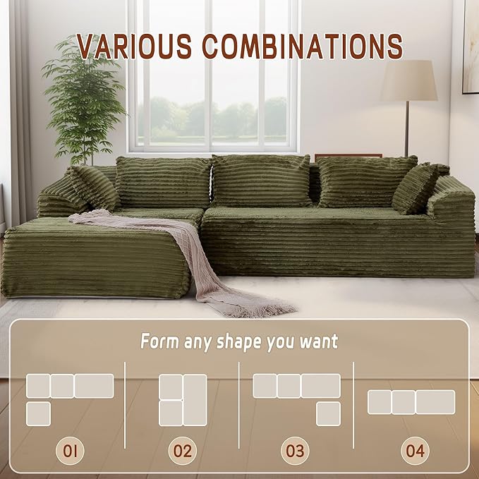 Korser 110" Sectional Couches for Living Room, Modular Sectional Sofa with L-Shape Chaise, Cloud Couch, Comfy Corduroy Fluffy Couch with Deep Seat and Side Pockets