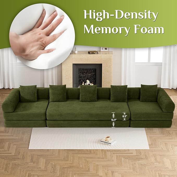 DAMAIFROM 157" Convertible Sleeper Sofa Bed Set with Pillow, 4-in-1 Corduroy Folding Mattress Boneless Couch with Fixed-Shape Frame, Fold Out Floor Sofa Cama Lounge Couch for Living Room, Olive Green