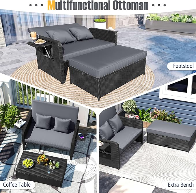 RELAX4LIFE Wicker Patio Outdoor Daybed - Rattan Day Bed Lounger w/Loveseat & Storage Ottoman, Sunbed Sofa Set w/Cushions, 4-Level Adjustable Backrest & 2 Retractable Trays, Patio Daybed (Grey-Black)