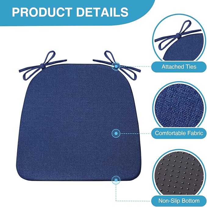 Chair Cushions for Dining Chairs Set of 4, Non Slip Kitchen Chair Pads, 17" x 16" x 2", Indoor Dining Chair Cushions with Ties, D-Shaped Seat Cushions for Kitchen Chairs, Navy Blue
