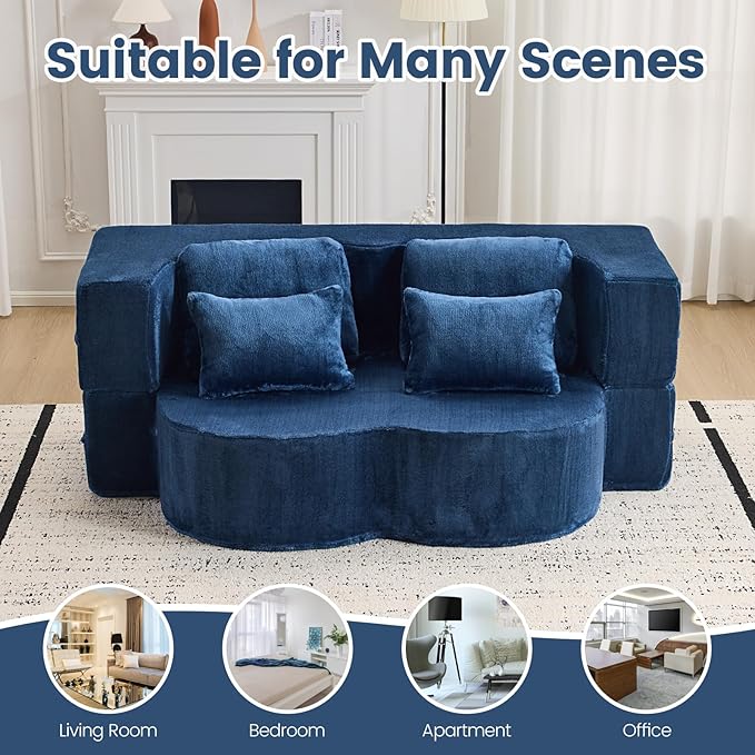 Orynveela Convertible Folding Sofa Bed, 78” Full Size Floor Sleeper Couch, Chenille Full Foam Futon Loveseat for Living Room Bedroom, No Assembly Required (Deep Blue)