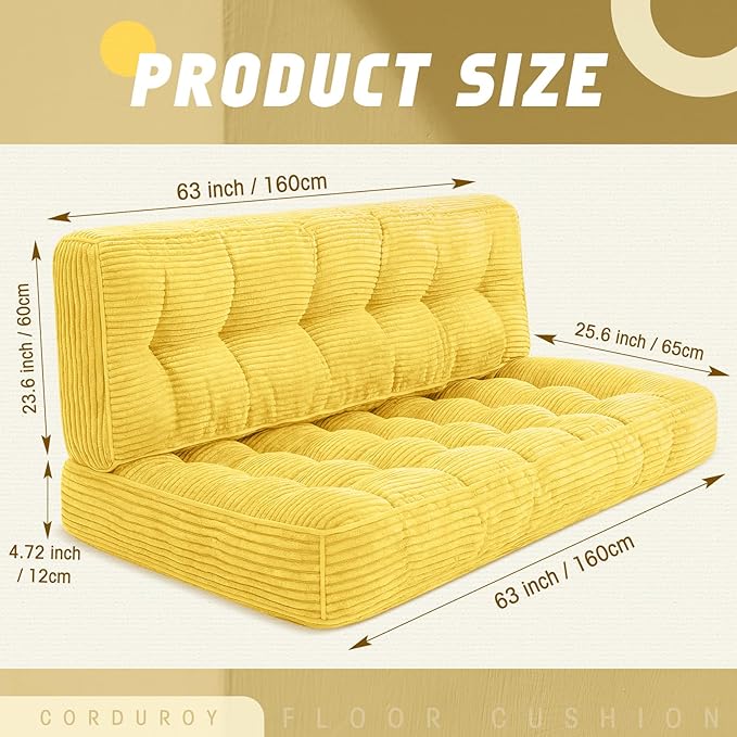 Vercraft 63 Inch Folding Bench Cushion, 4 Inch Thick 2-in-1 Convertible Long Floor Lounger Boneless Cushions Couch Mattress Upholstered for Yoga, Reading, Sleeping, Meditation Living Room(Yellow)
