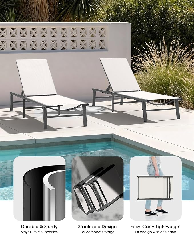 Ciokea Aluminum Outdoor Lounge Chair Set of 4- No Assembly Needed, Foldable Patio Chaise Lounge with 5 Adjustable Positions, Reinforced Frame for Extra Durability, Pool Beach Lounge Chair,White