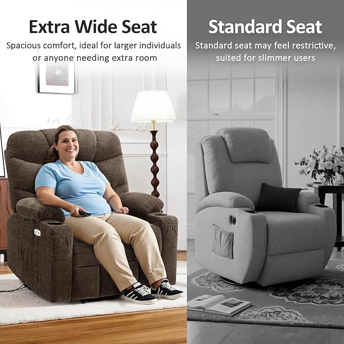 MCombo Oversized Power Lift Recliner Chair with Extended Footrest, Extra Wide 27.2" for Big and Tall Elderly People, Fabric R7399 (Brown, Large-Oversize)