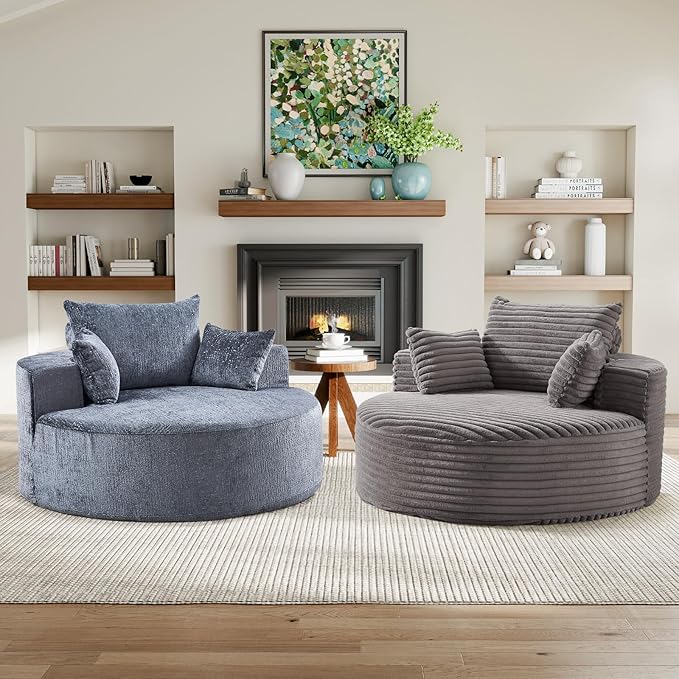 JEEOHEY Modern Round Accent Sofa Chair for Living Room, Upholstered Corduroy Barrel Lounge Arm Chair with Large seat&Throw Pillows for Bedroom, Office, Apartment, Grey
