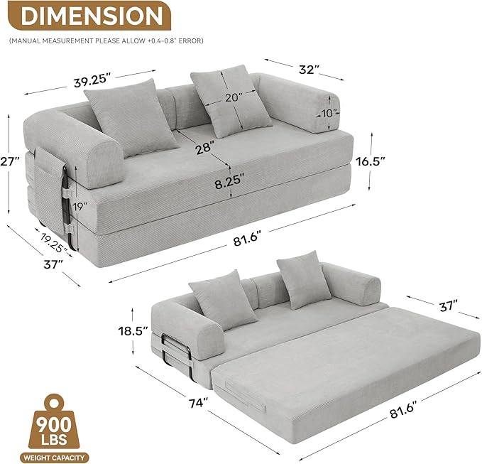Convertible Corduroy Sleeper Sofa Bed with Cylindrical Pillows, Convertible Mattress Sofa with Fixed Shape Frame, Living Room Bedroom Lounge Studio Use Floor Sofa Lounge,Grey