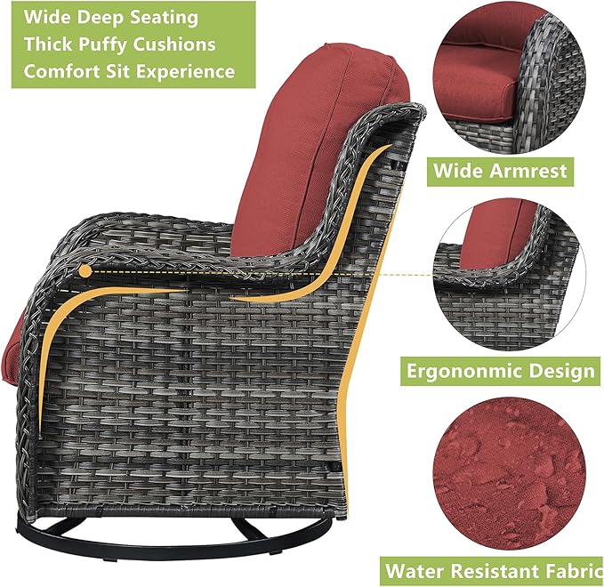 Rilyson Patio Chairs Wicker Outdoor Chair - 4 Piece Rattan Swivel Rocking Chairs Set Patio Glider Rocker Chair for Porch Deck Garden Backyard(Mixed Grey/Red)