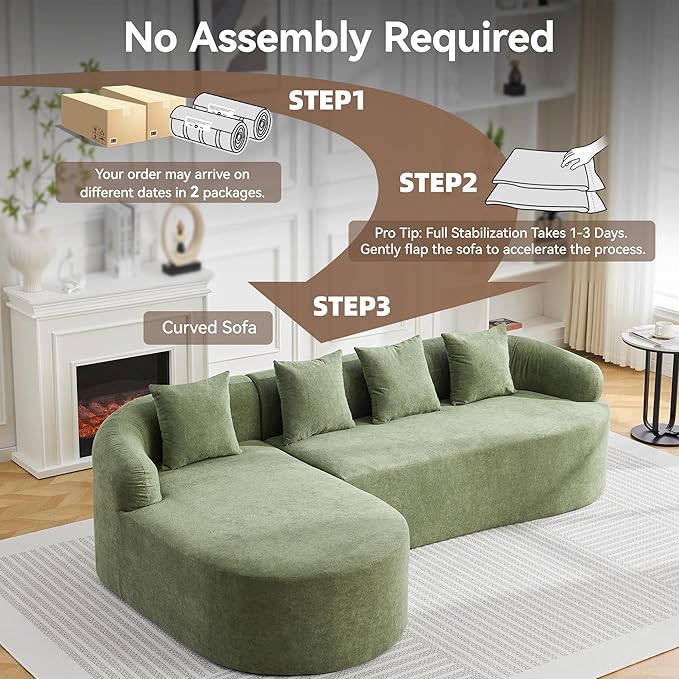 105.5" Boneless Curved Couch, L Shaped 4-Seater Cloud Couch with Deep Seat Chaise, Oversized Curved Sofa, Chenille Modular Sectional Couches for Living Room, No Assembly, Green
