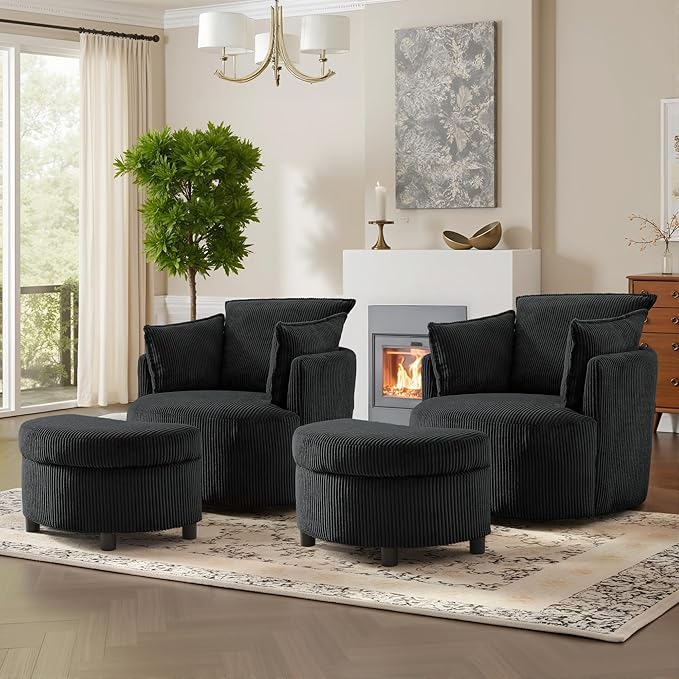 Chorlenimi Swivel Accent Chair Round Barrel Armchair Upholstered Living Room Chair Corduroy Reading Chair Single Sofa Chair for Bedroom Apartment Office (Black, Standard 1Seater+ Ottoman)