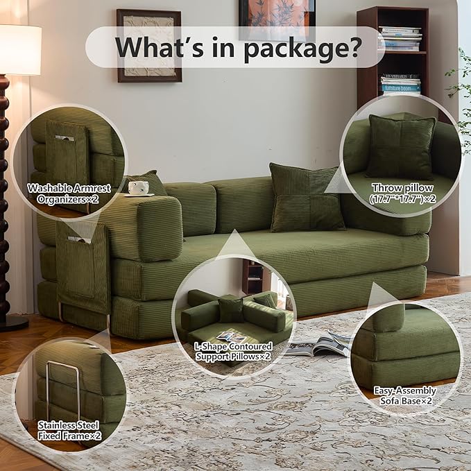 LIAROO 98.4" Convertible Sofa Bed - Compression Sofa with Corduroy Fabric - with Armrests and Backrest - Modular Sectional for Living Room, Bedroom, Studio - Compression Sofa in Box (Green)