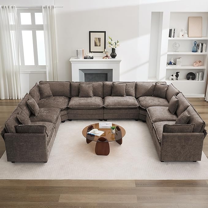 147'' Oversized U Shaped Cloud Sectional Sofa, Chenille Deep Seat Couches for Living Room, Comfy Upholstered Modular Sectional Sofa Couch, Brown