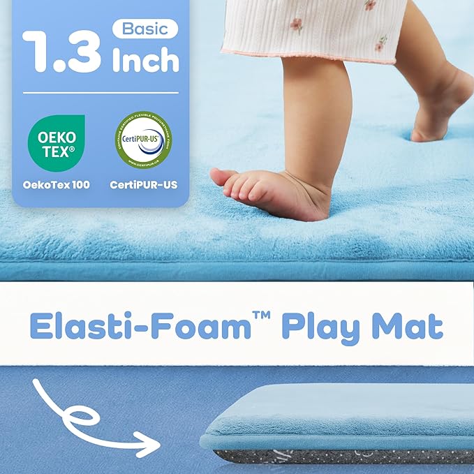 PAPAMAT 1.3" Thick Baby Floor Play Mat 50x50, Basic Padded Foam Mat for Tummy Time Crawling, Non Slip Cushioned for Babies Toddlers Infants Kids (Ice Blue)