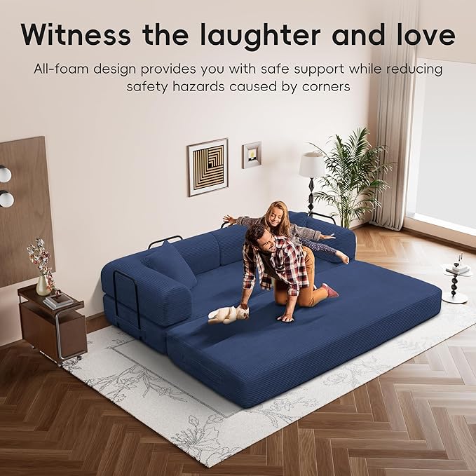 ZQRhome 79" 5-in-1 Convertible Sofa Bed, Premium Sleeper with Reinforced Frame & Plush Corduroy, No Assembly Modern Couch for Lounge, Living Room & Guest Room, Blue