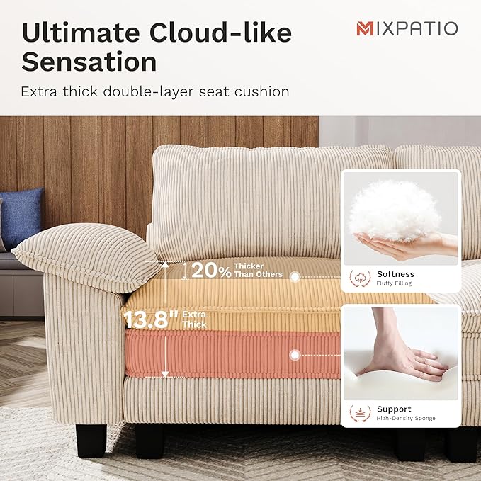 MIXPATIO 157-Inch L Shaped Sectional Sofa with Cloud Cushions, Deep Seat Modular Couch Set w/ 5 Seats & 1 Ottomans, Removable Arms, Plush Corduroy Upholstery for Living Room, Apartment - Beige