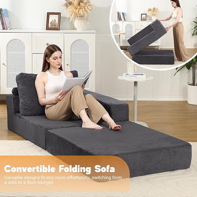 MeMoreCool Folding Sofa Bed L‑Shaped Convertible Sleeper Sofa with Armrest Dark Grey – Fold‑Out Chair Bed for Living Room & Bedroom, Dual‑Section Configurable Foam Seating, Durable Lounge