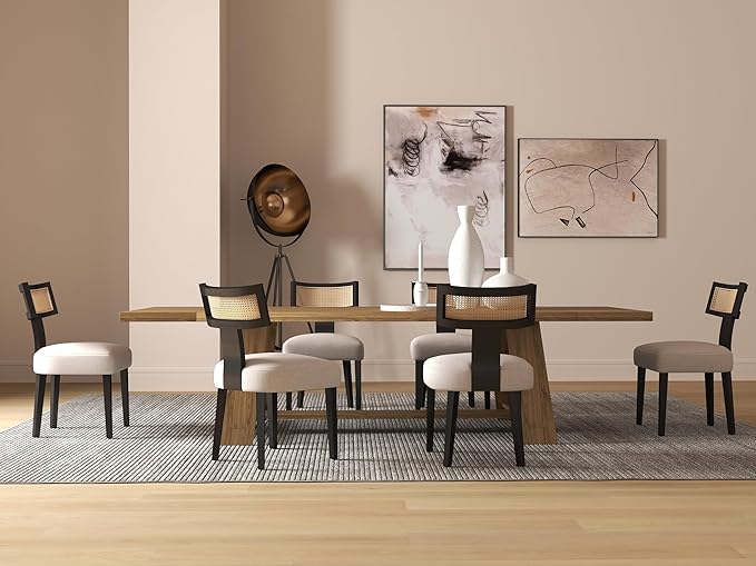 RIVOVA Rattan Dining Chairs Set of 6, Modern Dining Chair Kitchen Dining Room Chair, Curved Cane Back Upholstered Linen Fabric Dining Chair with Black Wood Frame, Beige