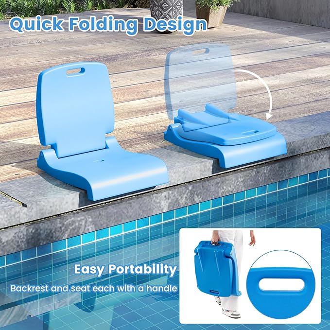 Goplus Poolside Chair for Edge of Pool, Foldable Portable Flip Seat w/Back Support & 2 Handles, Lightweight Outdoor Camping Chair for Stadium, Tailgating, Fishing, Boats, Beach (Blue, 2 Packs)
