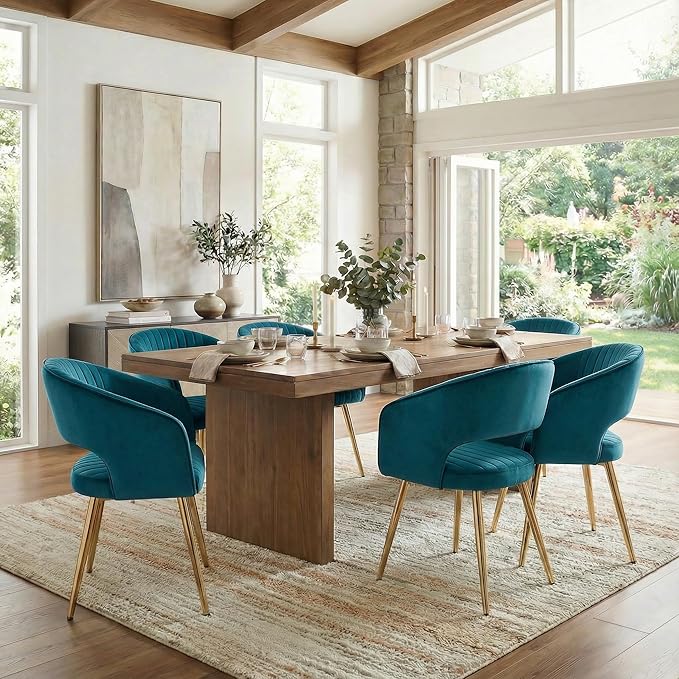 COMULER Teal Velvet Dining Chairs Gold Legs, Modern Dining Room Chairs with Arms Set of 4 Upholstered Accent Chair Armchair with Barrel Back for Kitchen Living Room