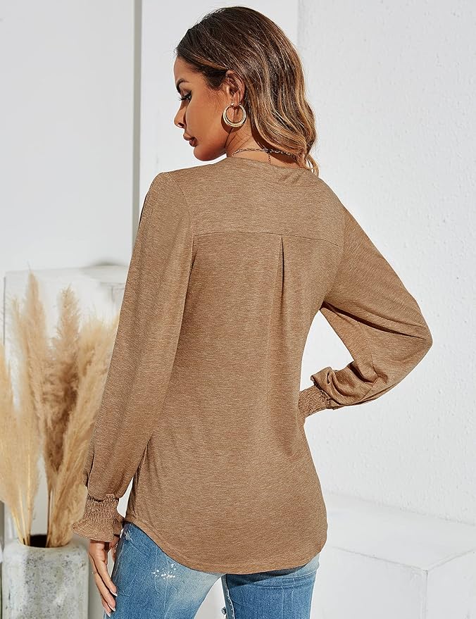Romanstii Women's Casual V-Neck T-Shirts Loose Puff Long Sleeve Tops Tunic Blouses