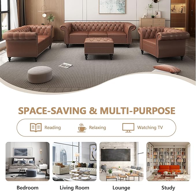 QHITTY Accent Large Sofa, Chesterfield Couch 3 Seater Modern Leather Couch Upholstered Sofa with Tufted Back for Living Room Furniture (Dark Brown)