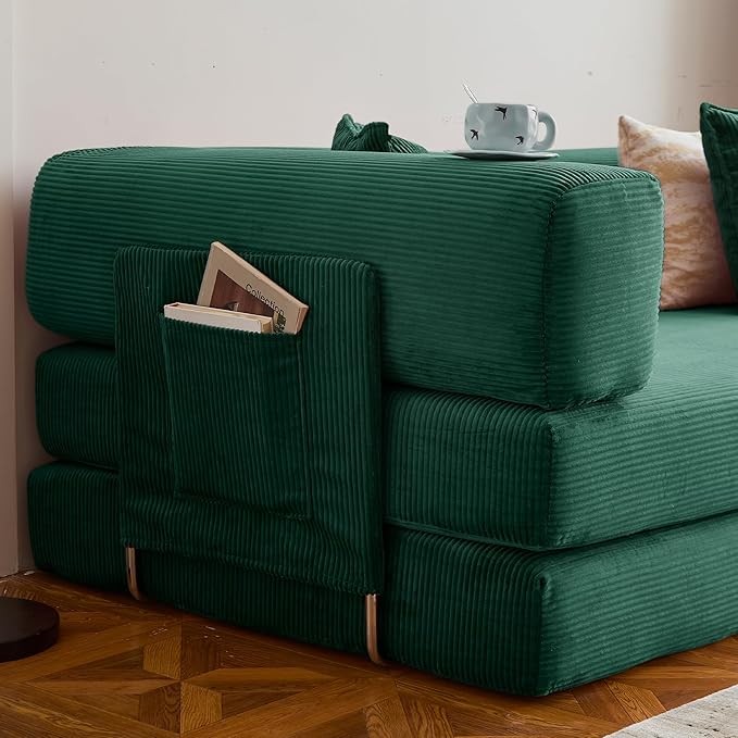 LIAROO 78.8" Convertible Sofa Bed -Compression Sofa with Corduroy Fabric - with Armrests and Backrest - Modular Sectional for Living Room, Bedroom, Studio - Compression Sofa in Box (Emerald Green)