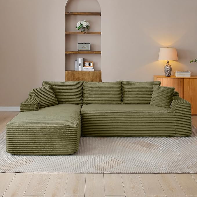 95" Boneless Cloud Sectional Couches for Living Room, Comfy Fluffy L Shaped Memory Foam Deep Seat Boneless Couch, Modular Sectional Sofa with Left Facing Chaise, Olive Green