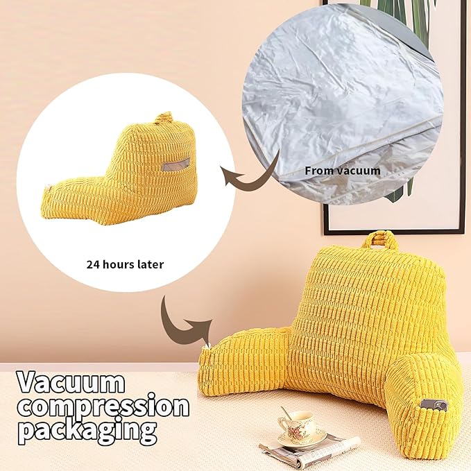 PAJEO Reading Pillow for Sitting in Bed, Large Backrest Reading Pillow with Arm Rest,Back-Rest Support Cushion for Sit Up on Couch, Sofa, and Floor, Dorm Essentials (Yellow Corduroy, Large(19"))