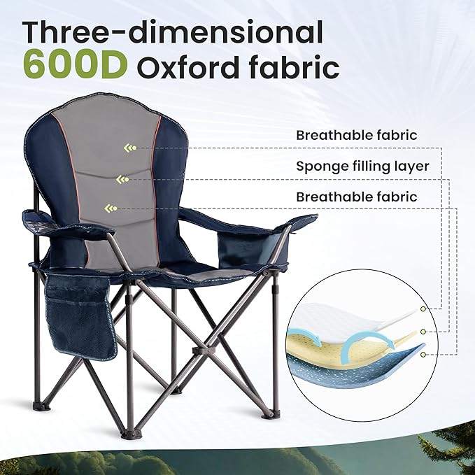 Oversized Camping Chair Heavy Duty 500LB - Portable Folding Chair with Cooler Bag, Cup Holder & Waterproof Phone Case for Adults, Beach, Hiking, Backyard (Blue & Gray, 2 PCS)