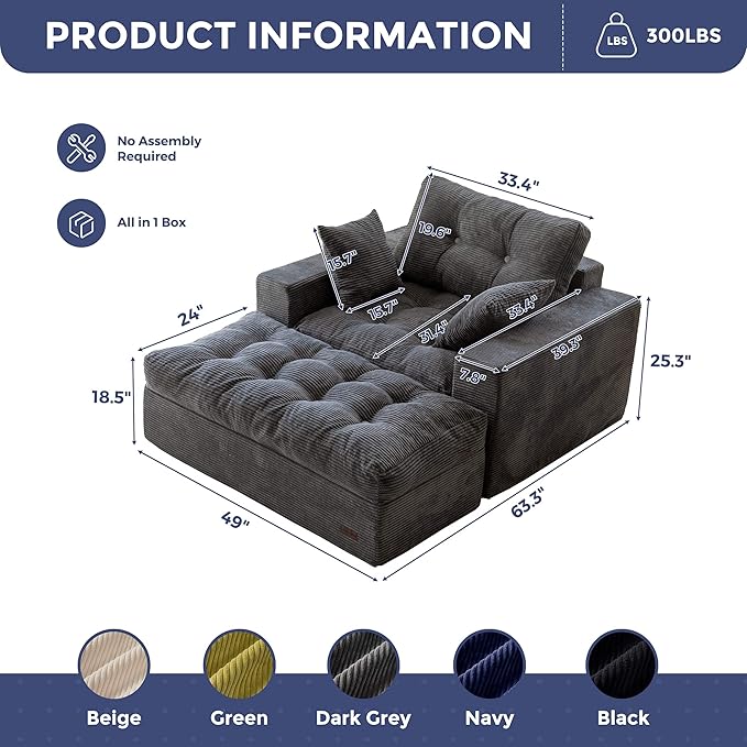 MAXYOYO Oversized Chaise Lounge Sofa, Upholstered Lounge Chair with 3 Pillows, Tufted Boneless Sofa Couch with Ottoman, Deep Seat Sleeper Chair for Living Room, Bedroom, No Assembly, Dark Grey