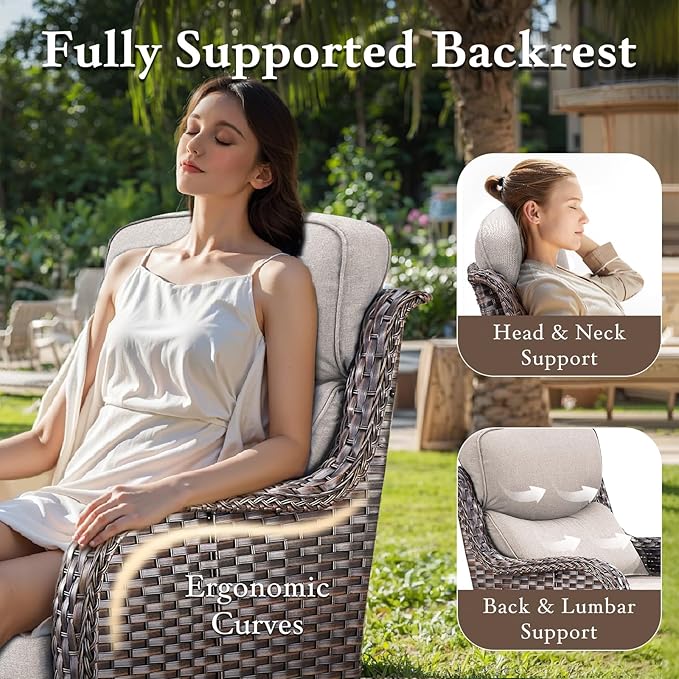 moosprr Luxury High Back Outdoor Furniture with 6-inch Extra Thick Cushions, Patio Furniture Set with Swivel Chairs, 4 PCS Wicker Conversation Set for Yard, Deck, Poolside, Brown/Beige