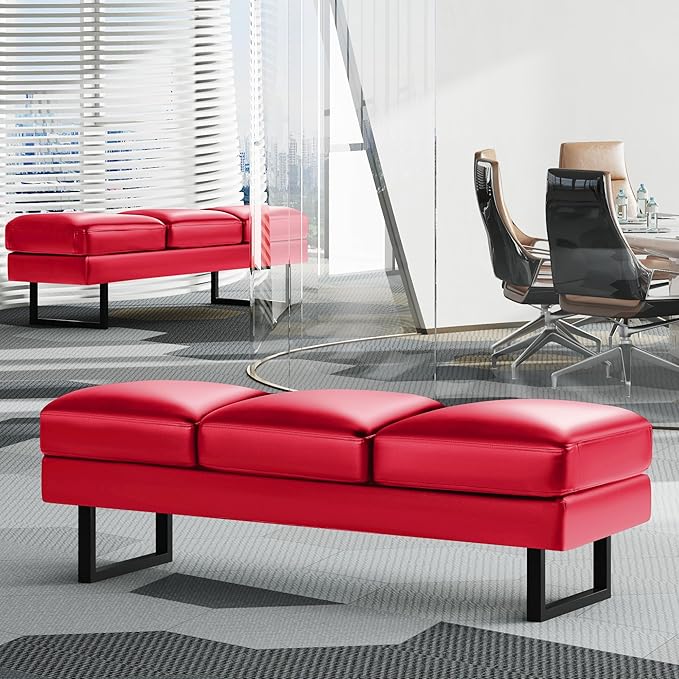 JUMMICO Office Chair Seating Waiting Room Chair, 59.6 inches Upholered Reception Bench 3 Seat Faux Leather Office Guest Chair Conference Room Chair for Salon and Shop (Red)