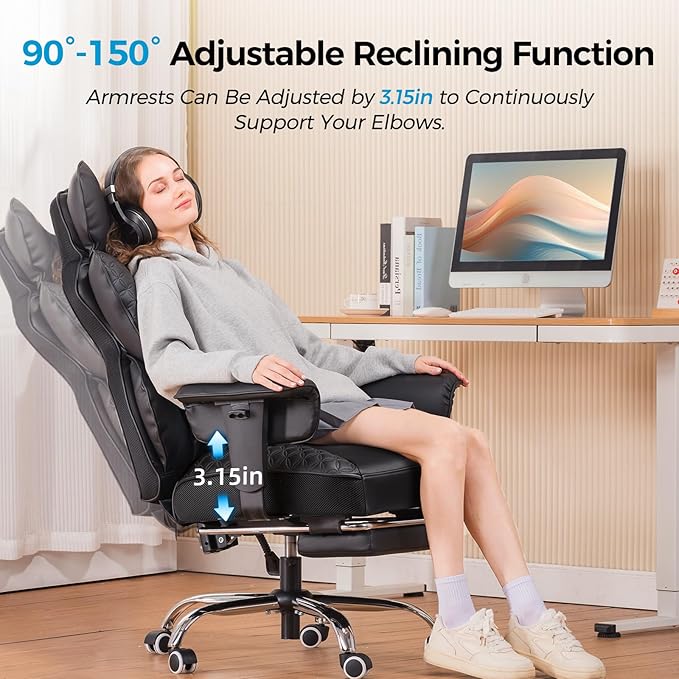 COMHOMA Big and Tall Office Chair 400LBS Wide Ergonomic Gaming Chair with Deluxe Embossing Designed Leather with Foot Rest,150°Reclining Adjustable Armrests Pocket Spring Back Support and Pillow