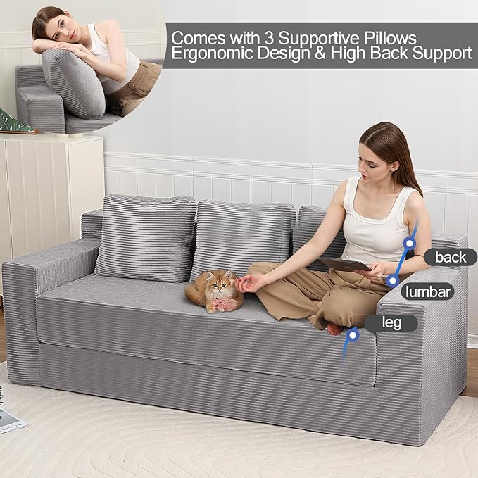 MeMoreCool Sleeper Sofa Bed – 3 Seater Convertible Floor Couch with Pillows, Grey Corduroy Foam Lounger, No Assembly Comfy Folding Futon | Space-Saving Foam Sofa for Small Rooms & Apartments