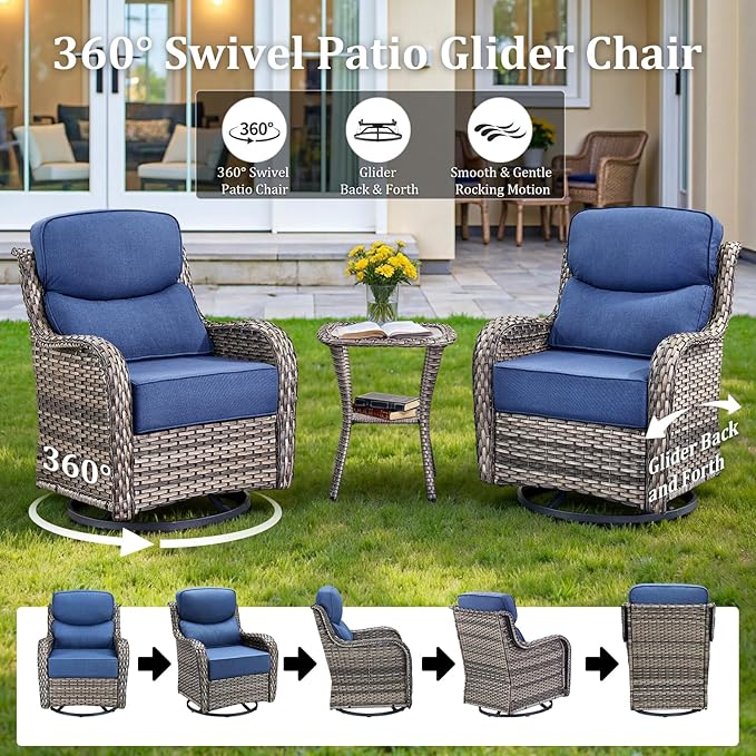 Pugire Luxury Outdoor Swivel Rocker Patio Chairs Set of 3, High Back Swivel Patio Chairs with Side Table & 6-Inch Thick Cushions, Wicker Outdoor Bistro Set for Porch, Yard, Deck, Poolside, Grey/Blue