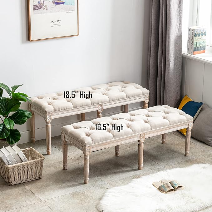 DM Furniture Tufted Dining Bench French Vintage Fabric Upholstered Wood Dining Room Bench Rustic Entryway Bench Bedroom End Bed Bench, Beige 48" Long