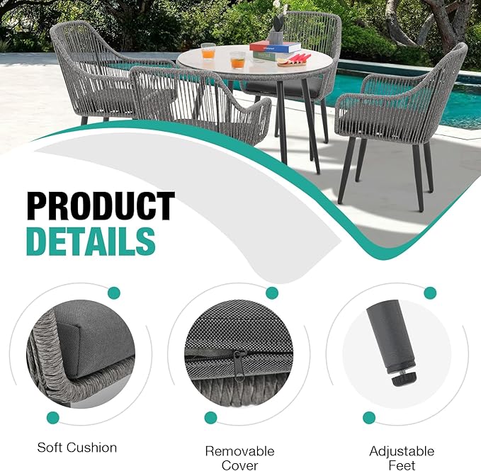 Patiorama Outdoor Dining Chairs, Patio Dining Chair Set of 4, All-Weather Woven Rope Rattan Chairs, Outdoor Dining Wicker Chairs with Armrests for Indoor Balcony Pool Backyard(Gray)